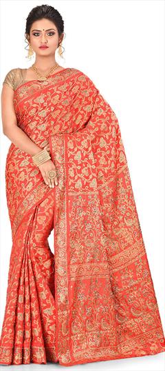 Bridal, Traditional, Wedding Red and Maroon color Saree in Kanchipuram Silk, Silk fabric with South Zircon work : 1650576