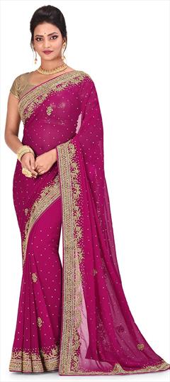 Bridal, Traditional, Wedding Pink and Majenta color Saree in Kanchipuram Silk, Silk fabric with South Stone work : 1650585