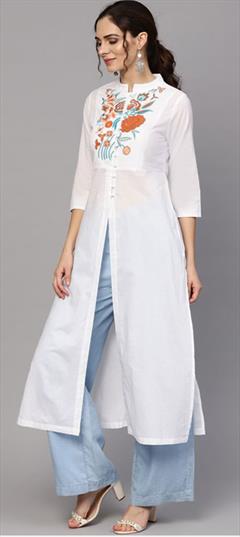 Party Wear White and Off White color Tunic with Bottom in Rayon fabric with Embroidered, Thread work : 1650805