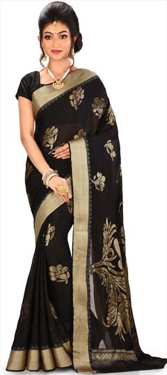 Traditional, Wedding Black and Grey color Saree in Banarasi Silk, Silk fabric with South Weaving work : 1651311