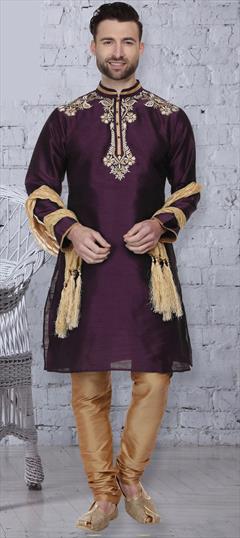 Purple and Violet color Kurta Pyjamas in Dupion Silk fabric with Embroidered, Thread work : 1652099