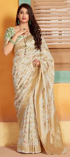 Traditional White and Off White color Saree in Banarasi Silk, Silk fabric with South Weaving work : 1652307
