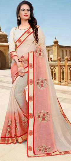 Traditional Beige and Brown, Red and Maroon color Saree in Cotton fabric with Bengali Cut Dana, Embroidered, Resham, Thread, Zari work : 1652315