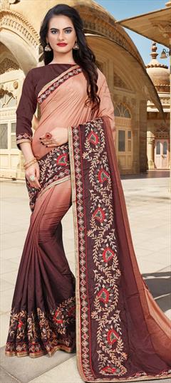 Traditional Beige and Brown color Saree in Art Silk, Silk fabric with South Cut Dana, Embroidered, Resham, Thread, Zari work : 1652324