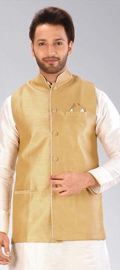 Beige and Brown color Nehru Jacket in Art Dupion Silk fabric with Thread work : 1652757