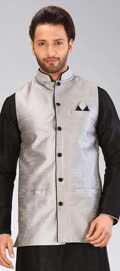 Black and Grey color Nehru Jacket in Art Dupion Silk fabric with Thread work : 1652767