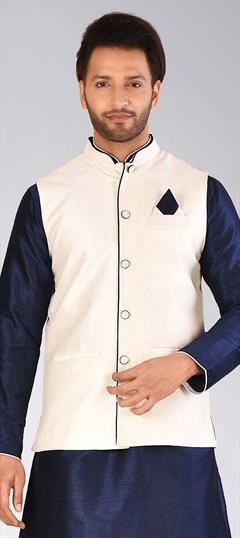 Beige and Brown color Nehru Jacket in Art Dupion Silk fabric with Thread work : 1652768