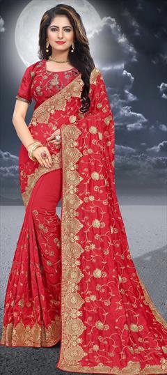 Traditional Red and Maroon color Saree in Silk, Two Ton Silk fabric with South Embroidered, Stone, Thread, Zari work : 1652796