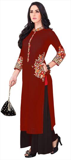 Festive, Party Wear Red and Maroon color Kurti in Rayon fabric with Long Sleeve, Straight Embroidered, Resham, Thread work : 1653041