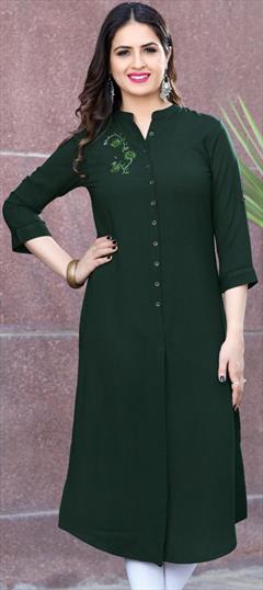 Casual Green color Kurti in Rayon fabric with Long Sleeve, Straight Thread work : 1653480