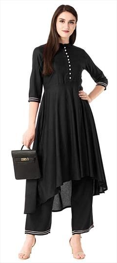 Casual Black and Grey color Kurti in Rayon fabric with Asymmetrical, Long Sleeve Thread work : 1653482