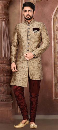 Beige and Brown color IndoWestern Dress in Jamawar fabric with Broches, Zari work : 1653532