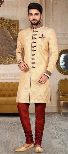 Beige and Brown color IndoWestern Dress in Jamawar fabric with Broches, Zari work : 1653543