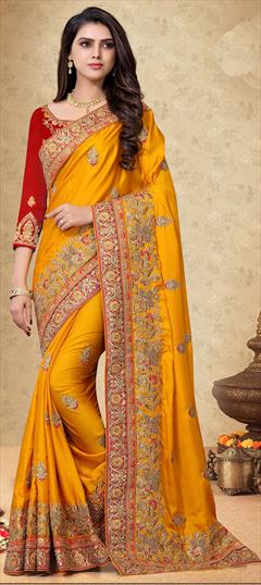 Festive, Reception, Wedding Yellow color Saree in Georgette fabric with Classic Border, Embroidered, Patch, Thread, Zari work : 1653866