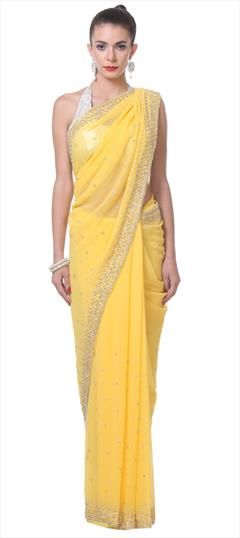 Bridal, Wedding Yellow color Saree in Georgette fabric with Classic Cut Dana work : 1654362