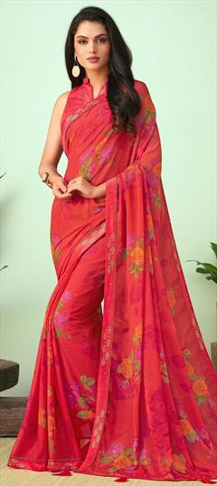 Festive, Party Wear Pink and Majenta color Saree in Faux Georgette fabric with Classic Floral, Lace, Printed work : 1655429
