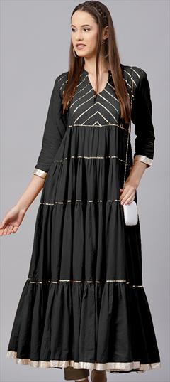 Casual Black and Grey color Kurti in Rayon fabric with Anarkali, Long Sleeve Gota Patti work : 1655671