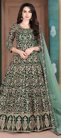 Party Wear, Reception Green color Salwar Kameez in Faux Georgette fabric with Anarkali Bugle Beads, Embroidered work : 1656689