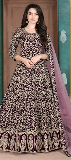Party Wear, Reception Red and Maroon color Salwar Kameez in Faux Georgette fabric with Anarkali Bugle Beads, Embroidered work : 1656691