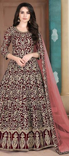 Party Wear, Reception Red and Maroon color Salwar Kameez in Faux Georgette fabric with Anarkali Bugle Beads, Embroidered work : 1656693
