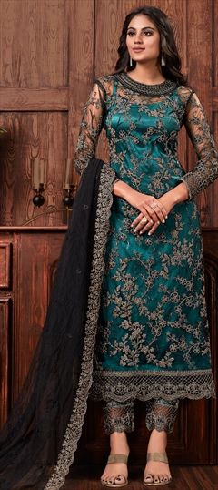 Festive, Wedding Blue color Salwar Kameez in Net fabric with Straight Embroidered, Sequence, Thread work : 1656956