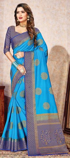 Traditional Blue color Saree in Naylon Silk, Silk fabric with South Weaving work : 1657273