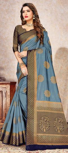 Traditional Black and Grey color Saree in Naylon Silk, Silk fabric with South Weaving work : 1657275