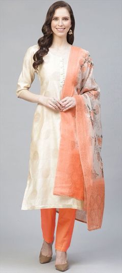 Festive Beige and Brown color Salwar Kameez in Chanderi Silk fabric with Straight Stone, Zardozi, Zari work : 1658126