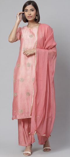 Festive Pink and Majenta color Salwar Kameez in Chanderi Silk fabric with Palazzo Stone, Zardozi, Zari work : 1658227