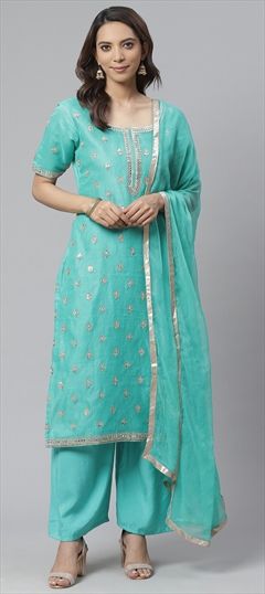 Festive Green color Salwar Kameez in Chanderi Silk fabric with Palazzo Gota Patti, Mirror work : 1658260