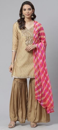 Festive Beige and Brown color Salwar Kameez in Chanderi Silk fabric with Sharara Bugle Beads, Gota Patti, Zardozi work : 1658270