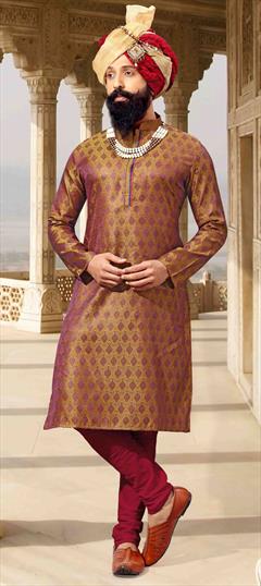 Gold color Kurta Pyjamas in Jacquard fabric with Thread work : 1658608