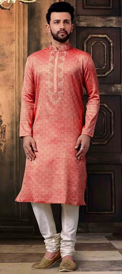 Red and Maroon color Kurta Pyjamas in Jacquard fabric with Embroidered, Thread work : 1658654