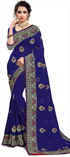 Casual, Festive Blue color Saree in Georgette fabric with Classic Embroidered, Resham, Zari work : 1659459