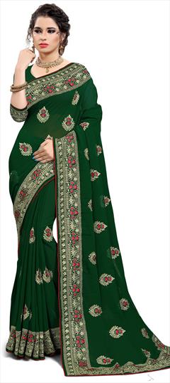 Casual, Festive Green color Saree in Georgette fabric with Classic Embroidered, Resham, Zari work : 1659462