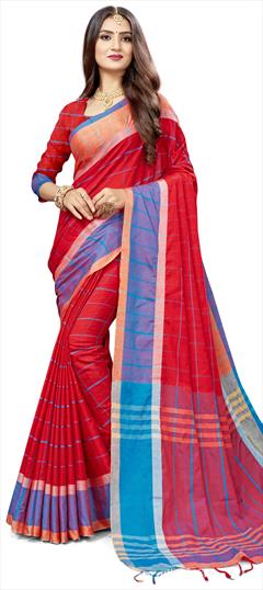 Traditional Red and Maroon color Saree in Silk cotton fabric with Bengali Weaving work : 1659599