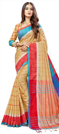 Traditional Beige and Brown color Saree in Silk cotton fabric with Bengali Weaving work : 1659602