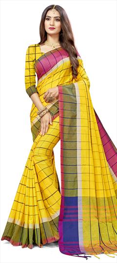 Traditional Yellow color Saree in Silk cotton fabric with Bengali Weaving work : 1659603