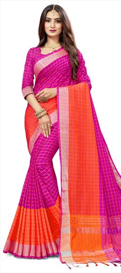 Traditional Pink and Majenta color Saree in Silk cotton fabric with Bengali Weaving work : 1659607