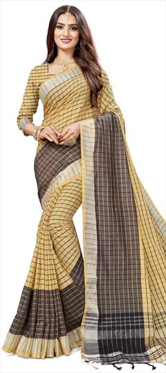 Traditional Beige and Brown color Saree in Silk cotton fabric with Bengali Weaving work : 1659608