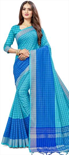 Traditional Blue color Saree in Silk cotton fabric with Bengali Weaving work : 1659609