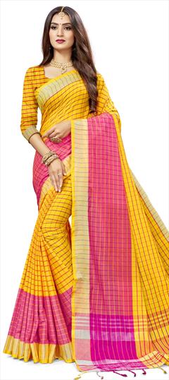 Traditional Yellow color Saree in Silk cotton fabric with Bengali Weaving work : 1659610