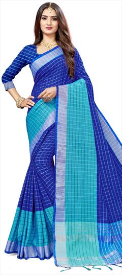 Traditional Blue color Saree in Silk cotton fabric with Bengali Weaving work : 1659611