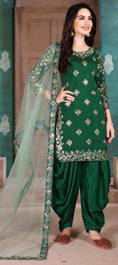 Festive, Reception Green color Salwar Kameez in Art Silk fabric with Patiala Embroidered, Mirror, Thread, Zari work : 1659657