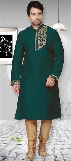 Green color Kurta Pyjamas in Dupion Silk fabric with Embroidered, Thread work : 1660205