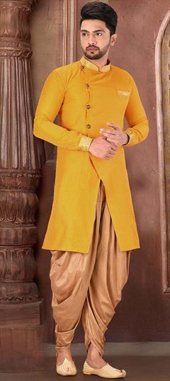 Yellow color Kurta Pyjamas in Art Dupion Silk fabric with Thread work : 1660337