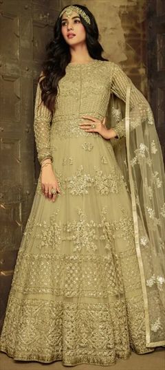 Bollywood, Wedding Beige and Brown color Salwar Kameez in Net fabric with Anarkali Embroidered, Sequence, Thread work : 1660727