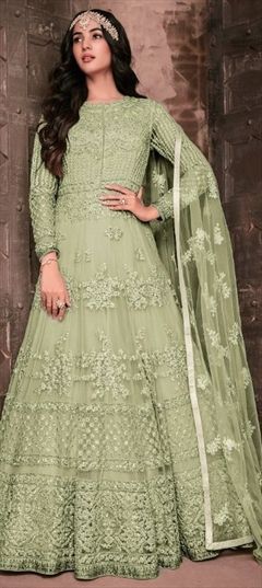 Bollywood, Wedding Green color Salwar Kameez in Net fabric with Anarkali Embroidered, Thread work : 1660728