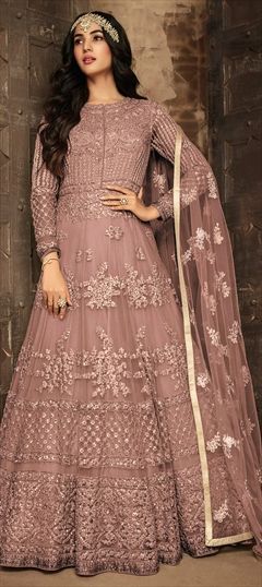 Bollywood, Wedding Pink and Majenta color Salwar Kameez in Net fabric with Anarkali Embroidered, Thread work : 1660734