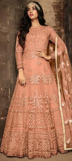 Bollywood, Wedding Orange color Salwar Kameez in Net fabric with Anarkali Embroidered, Thread work : 1660737